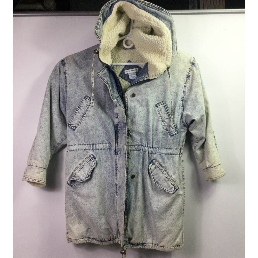 Vintage 80s Peter Daniels womens Denim Parka coat Sz M Sherpa lining acid wash
